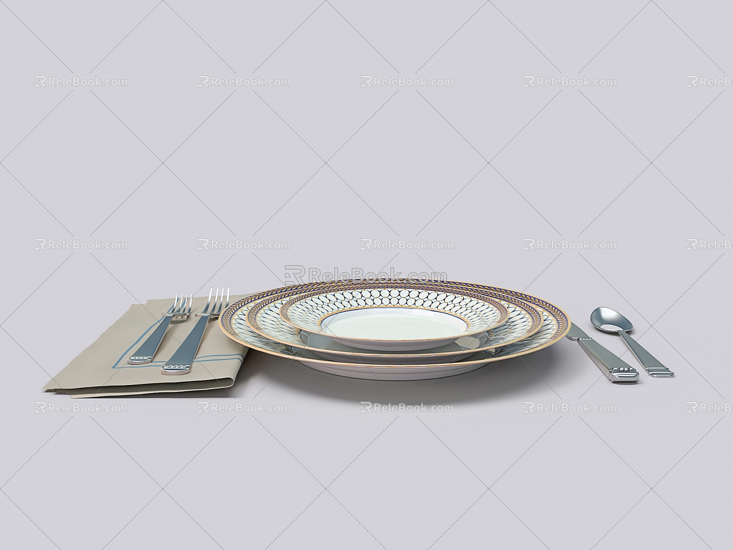 Tableware Plate Knife and Fork Napkin 3d model