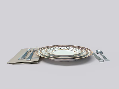 Elegant Modern Dinnerware Set With Ceramic Plates Silverware And Linen Napkins 3d model