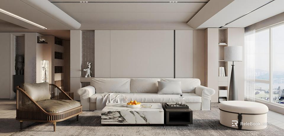 Modern Living Room Interior Design With White Sofa Marble Coffee Table And Area Rug 3d model 