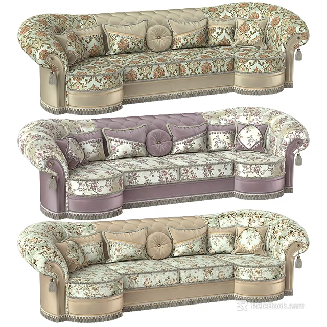 Traditional Double Sofa With Floral Patterns And Decorative Cushions In Beige And Purple 3d model 
