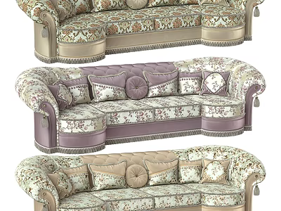 Traditional Double Sofa With Floral Patterns And Decorative Cushions In Beige And Purple 3d model