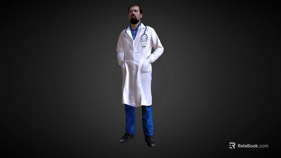 A Man Wearing White Doctor Coat with Stethoscope and Blue Pants on Dark Background 3d model 