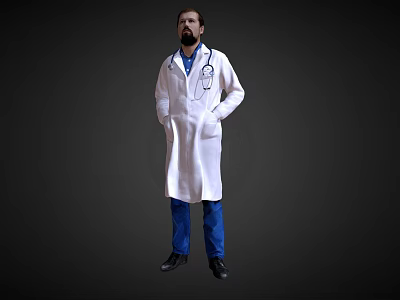 A Man Wearing White Doctor Coat with Stethoscope and Blue Pants on Dark Background 3d model