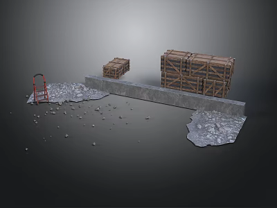 Industrial Site Setup With Wooden Crates On Concrete Platform And Scattered Gravel 3d model