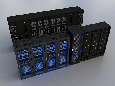 Computer Server Hardware Setup With Black Racks And Blue Lights In Data Center 3d model