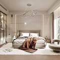 Modern Minimalist Bedroom Interior Design With Striped Wall Pendant Light And Cozy Bedding