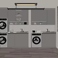Modern Laundry Room Design Featuring Washing Machines Storage Cabinets Countertop And Ceiling Light