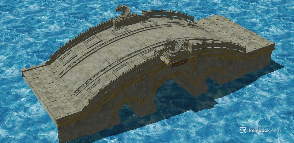 Traditional Stone Arch Bridge With Carved Dragon Decorations Over Blue Water 3d model 