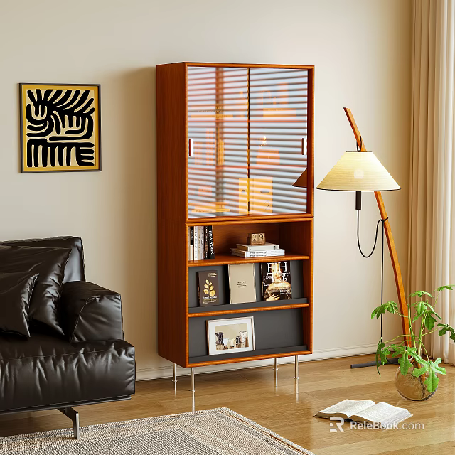 Wooden Bookcase with Glass Sliding Doors and Open Shelves in Living Room 3d model 