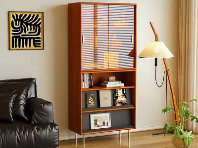 Wooden Bookcase with Glass Sliding Doors and Open Shelves in Living Room 3d model