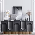 Gray Arched Entryway Console Table with Golden Legs and Side Cabinet Decorated with Sculptures Vase