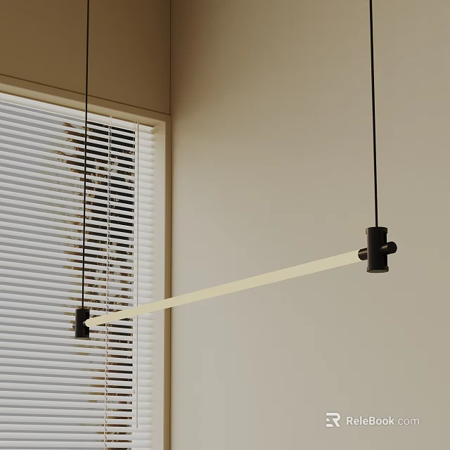 Modern Long Linear Pendant Light with Black Accents by Window and White Blinds 3d model 