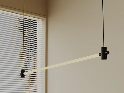 Modern Long Linear Pendant Light with Black Accents by Window and White Blinds 3d model