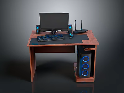 Wooden Computer Desk Setup With Monitor Keyboard Speakers Mouse And Router 3d model