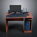 Wooden Computer Desk Setup With Monitor Keyboard Speakers Mouse And Router