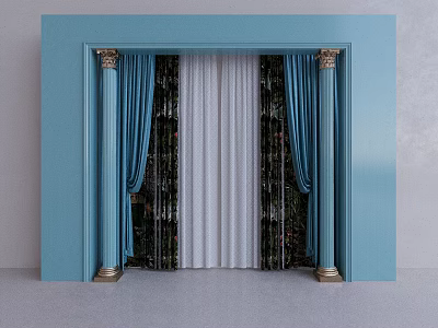 Elegant Blue Frame Curtains Featuring Blue Drapes White Sheer And Golden Decorated Pillars 3d model