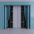Elegant Blue Frame Curtains Featuring Blue Drapes White Sheer And Golden Decorated Pillars