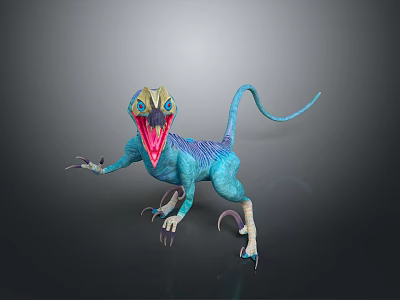 Game Movie Character with Blue Skin Yellow Head Open Mouth Red Tongue Long Tail Claws 3d model