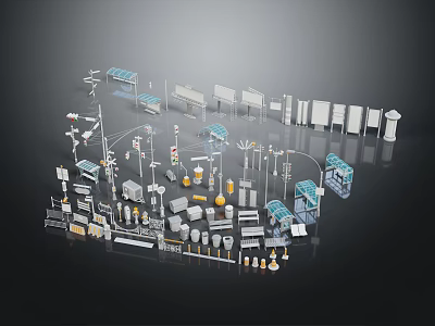 Urban Road Traffic Equipment Collection Including Street Lamps Signage Traffic Lights Barriers And Railings 3d model