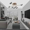 Modern Living And Dining Room Interior With Gray Sofa Chandelier Artwork And TV Wall