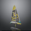 Yellow and Black Sailboat Model with Colorful Logos on Sail and Reflective Base