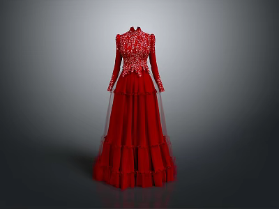 Elegant Red Long Sleeve Evening Dress With Lace Bodice And Layered Tulle Skirt 3d model