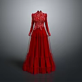 Elegant Red Long Sleeve Evening Dress With Lace Bodice And Layered Tulle Skirt