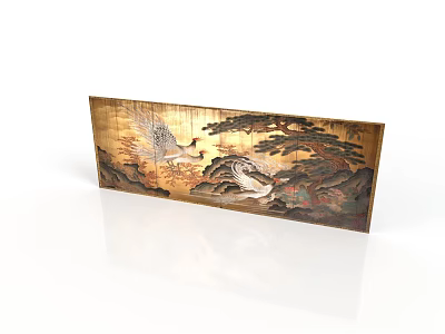 Traditional Chinese Carved Panel With Crane Pine Trees And Landscape 3d model