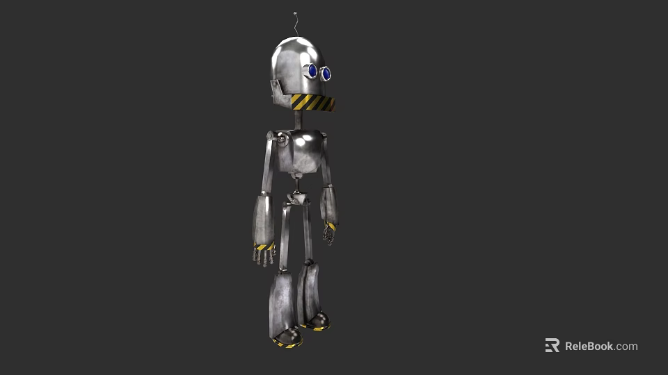 Silver Metallic Robot Game Movie Character With Blue Eyes And Yellow Black Stripes 3d model 