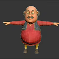Animated Game Movie Character With Bald Head Mustache Glasses Red Shirt Blue Vest Arms Outstretched