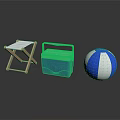 Essential Outdoor Living Supplies Including Wooden Folding Chair Blue Picnic Basket And Beach Ball