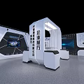 Modern High Tech Exhibition Booth With White Main Structure Glass Display Cases And Display Screens 3d model