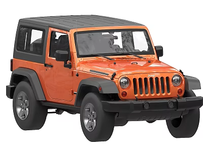 Orange Two Door Jeep With Black Roof And Signature Grille Design 3d model