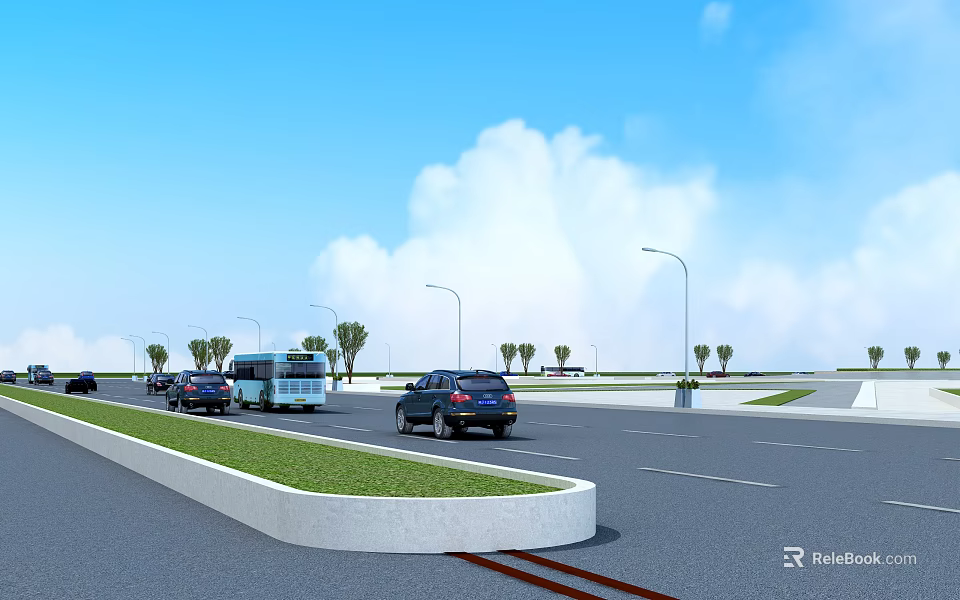 Urban Road Facilities With Street Lights Green Belts And Vehicle Lanes 3d model 