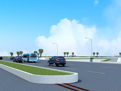 Urban Road Facilities With Street Lights Green Belts And Vehicle Lanes 3d model