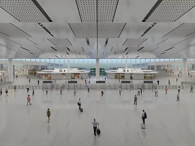 Spacious Bright Airport Terminal Hall With Many People Carrying Luggage And Counters 3d model