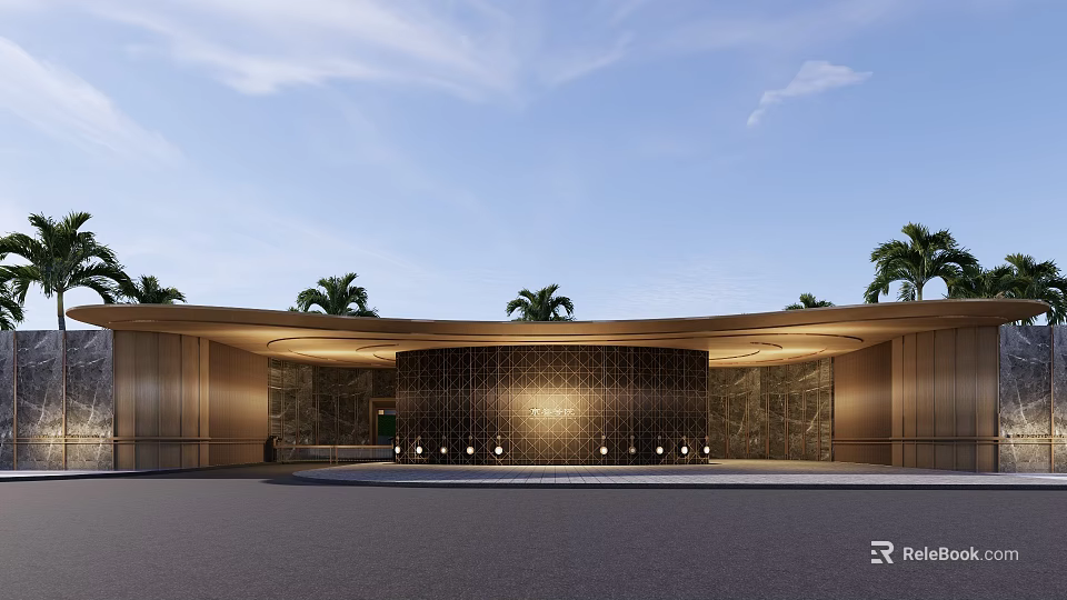 Modern Entrance Gate Design With Curved Roof Stone Panel Lighting And Palm Trees 3d model 