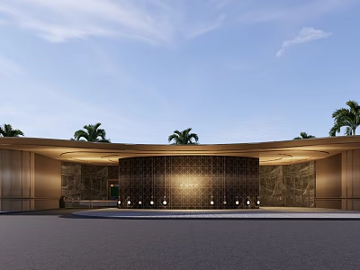 Modern Entrance Gate Design With Curved Roof Stone Panel Lighting And Palm Trees 3d model