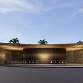 Modern Entrance Gate Design With Curved Roof Stone Panel Lighting And Palm Trees