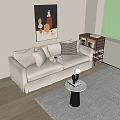 Beige Two Seater Sofa with Throw Pillows Round Coffee Table and Abstract Wall Art