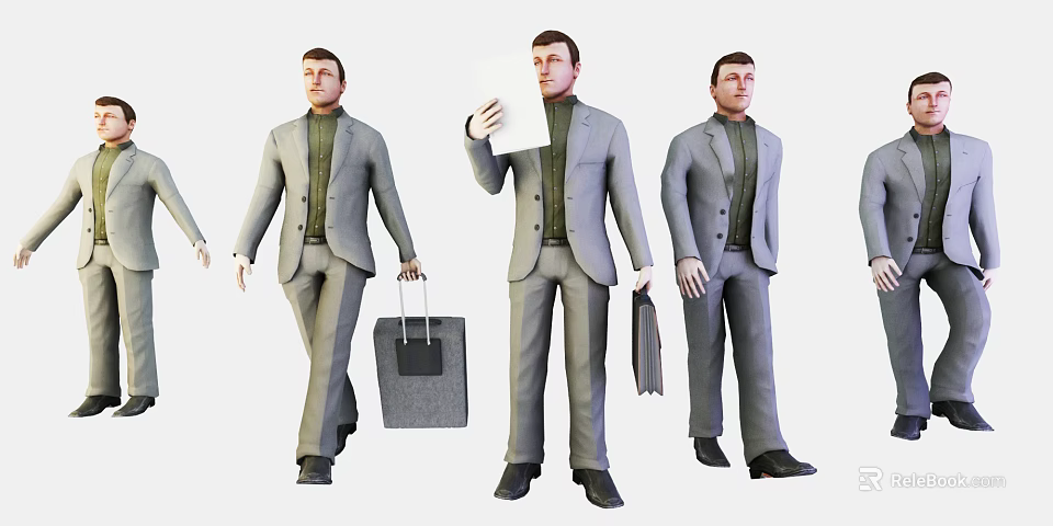 Men In Gray Suits Carrying Luggage Holding Documents And Briefcase 3d model 
