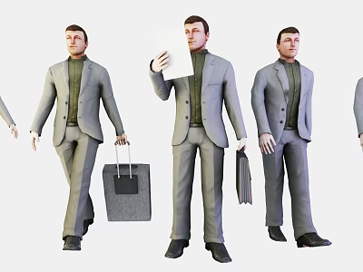 Men In Gray Suits Carrying Luggage Holding Documents And Briefcase 3d model