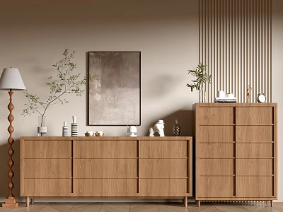 Wooden Entryway Cabinet And Side Cabinet With Decorative Items Plants And Wall Art 3d model