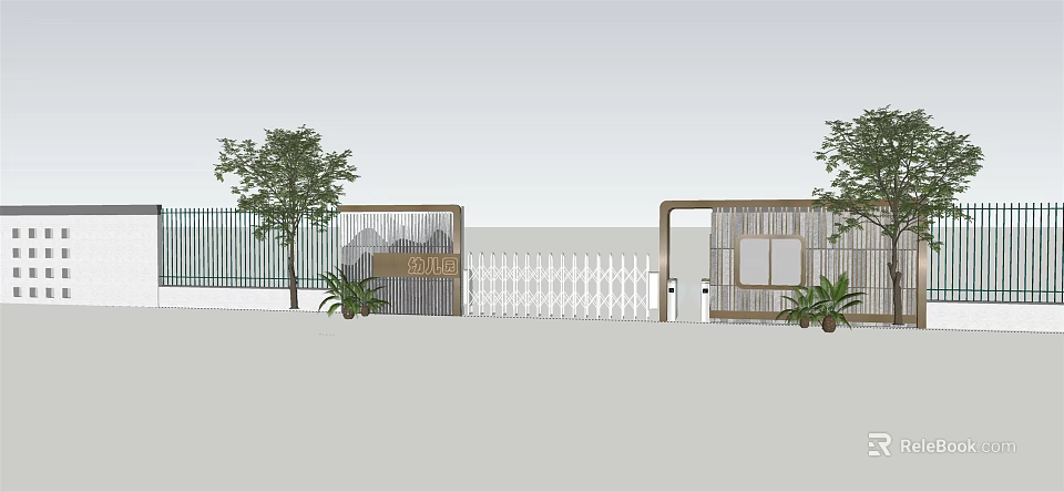 Modern Entrance Gate Design With White Fence Trees And Decorative Plants 3d model 