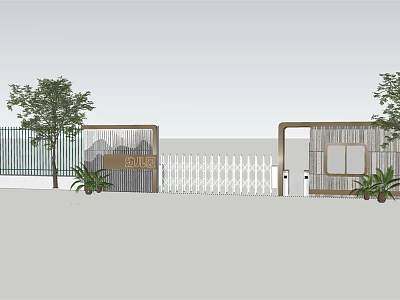 Modern Entrance Gate Design With White Fence Trees And Decorative Plants 3d model