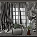 Beige Curtains with Elegant Drapes in Bright Window Interior with Armchair and Green Cushion