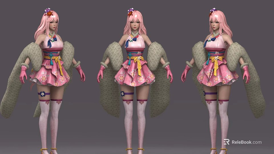 Three Women in Traditional Pink Outfits with Hair Accessories and Long Stockings 3d model 