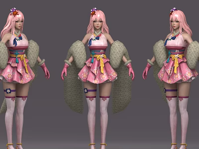 Three Women in Traditional Pink Outfits with Hair Accessories and Long Stockings 3d model