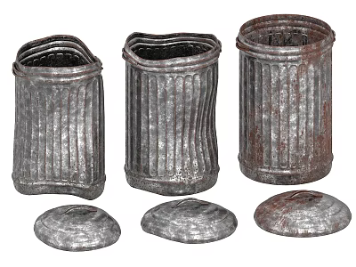 Vintage Metal Trash Cans With Rusted Finish And Matching Lids 3d model