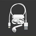 White Wireless Earbuds With Charging Case And USB Charging Cable 3d model